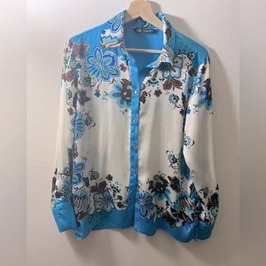 Zara Woman size M White Blue Floral Long Sleeve Satin Button Up Blouse